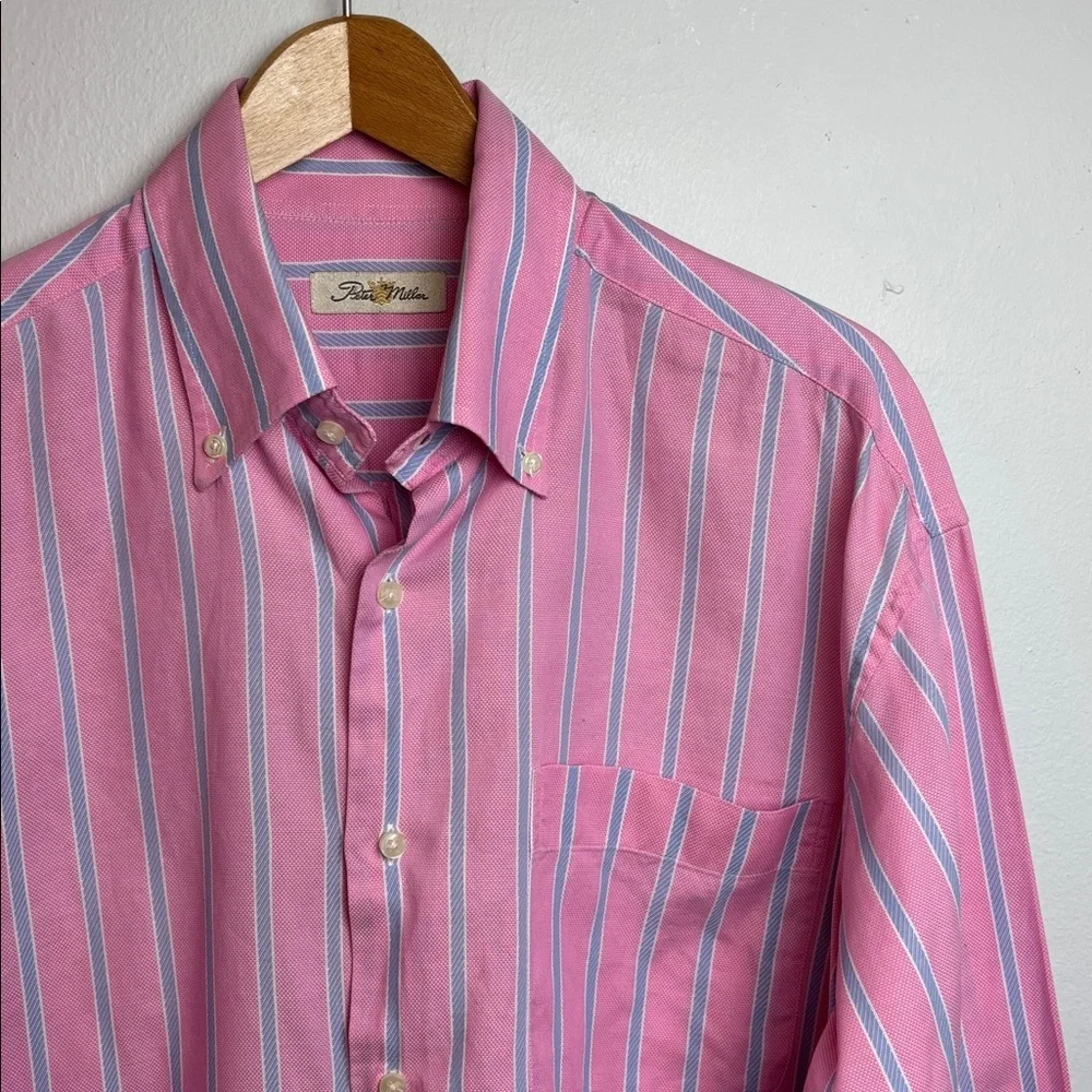 VTG Peter Millar Men’s Large Striped Long‎ Sleeve Dress Shirt Pink Blue
